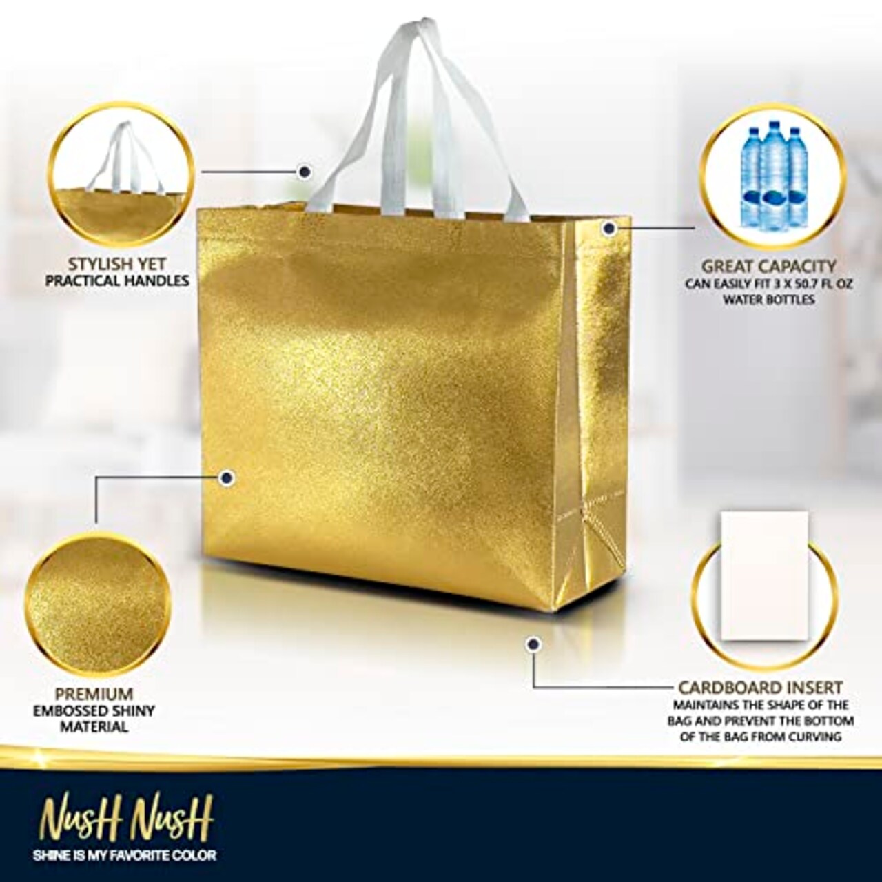 15 Pieces Gold Gift Bags Large Size – Reusable Gold Gift Bags With White Handles - Perfect As Christmas Gift Bags, Goodie Bags, Birthday Gift Bags, Party Favor Bags –13Wx5Dx11H